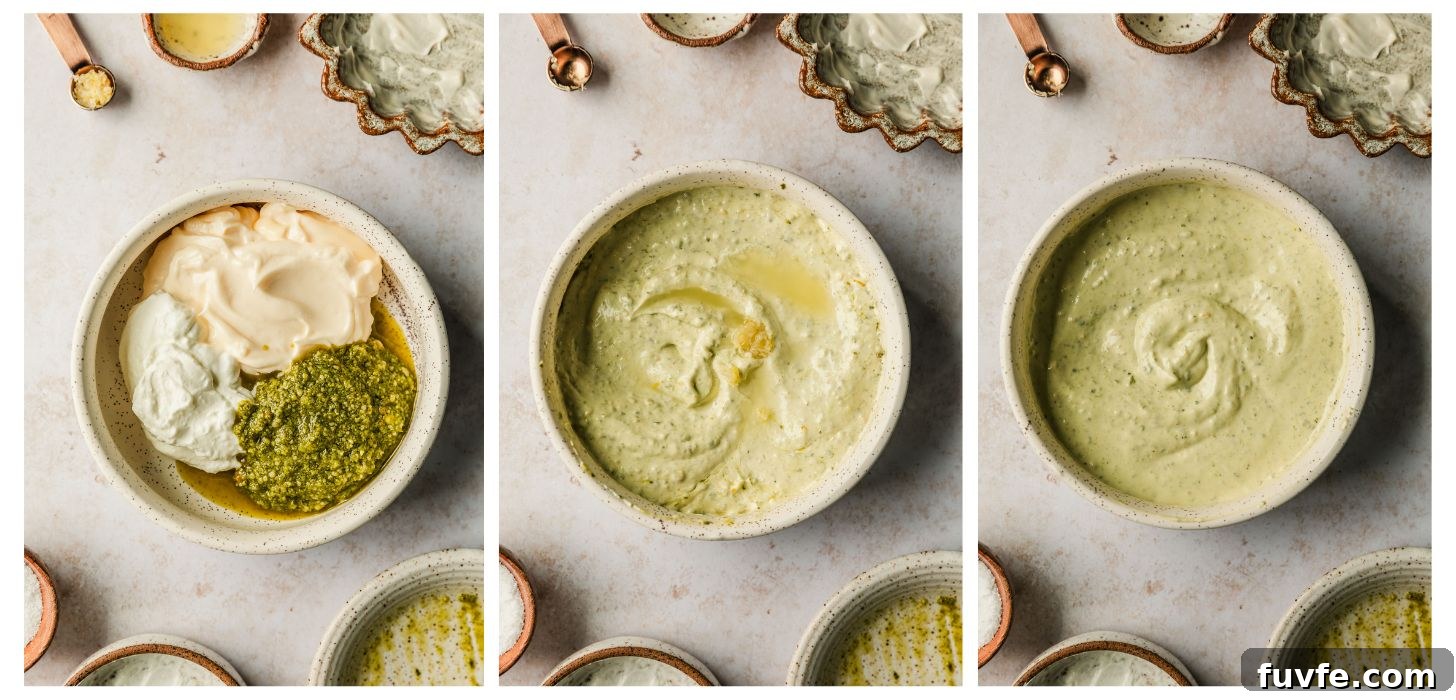 Crudité Cups with Fresh Pesto Dip for Entertaining 4 Three steps to making pesto dip. In photo 1, a white bowl has pesto, mayo, and yogurt on a tan counter next to white and brown bowls. In photo 2, the dip is mixed and topped with lemon juice and garlic. In photo 3, the dip is mixed.