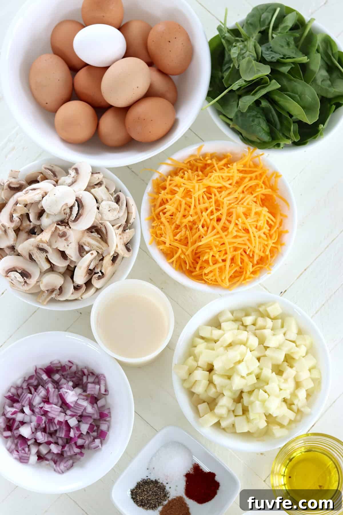 Apple Cheddar Frittata with Caramelized Onions and Herbs 3 Ingredients needed for making a savory apple cheddar frittata recipe.