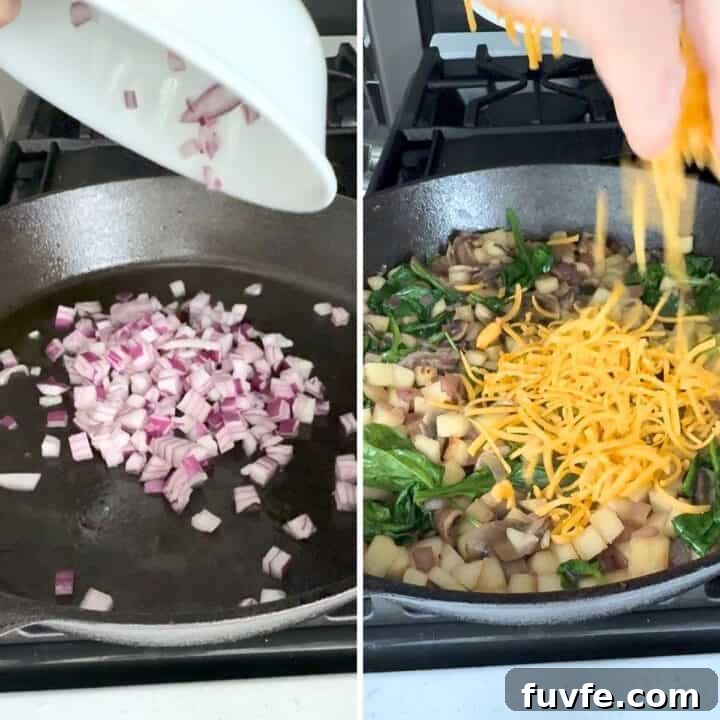 Apple Cheddar Frittata with Caramelized Onions and Herbs 5 Sauteeing the fresh vegetables and apples then sprinkling cheese for egg frittata.