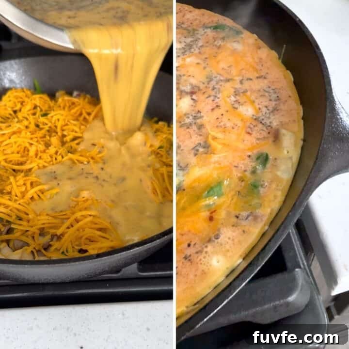 Apple Cheddar Frittata with Caramelized Onions and Herbs 6 Pouring the egg mixture over the cheddar and apple frittata in a skillet.