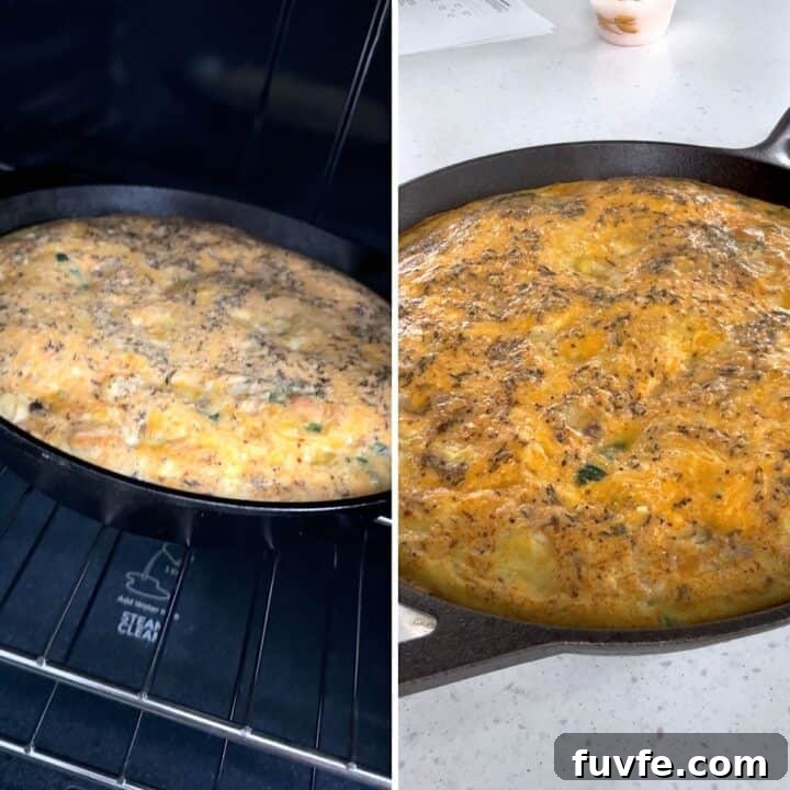 Apple Cheddar Frittata with Caramelized Onions and Herbs 7 Baking the egg frittata in a cast iron skillet in the oven.