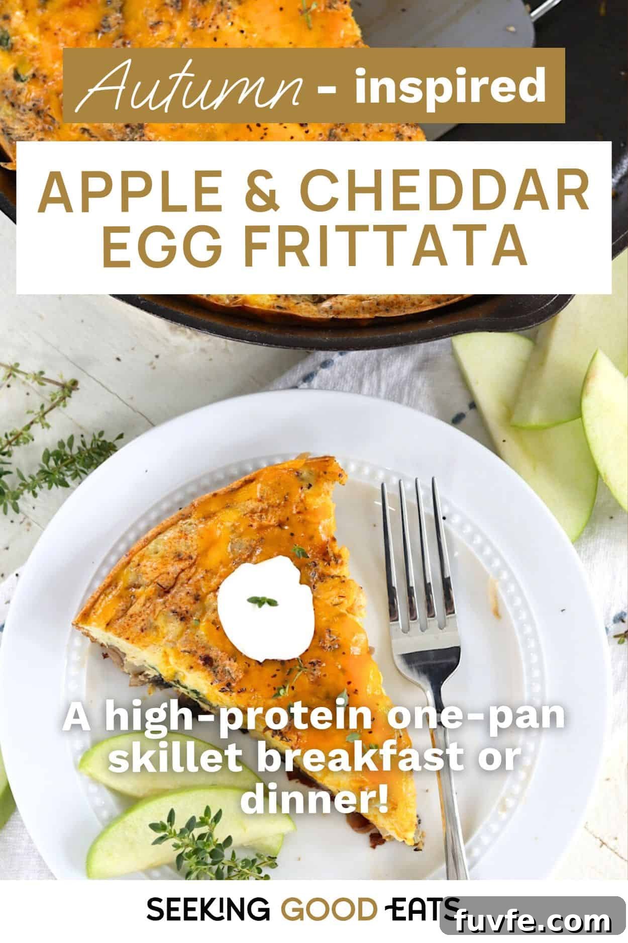 Apple Cheddar Frittata with Caramelized Onions and Herbs 9 Pinterest pin with the words Autumn-insired apple and cheddar egg frittata recipe high protein and one pan.