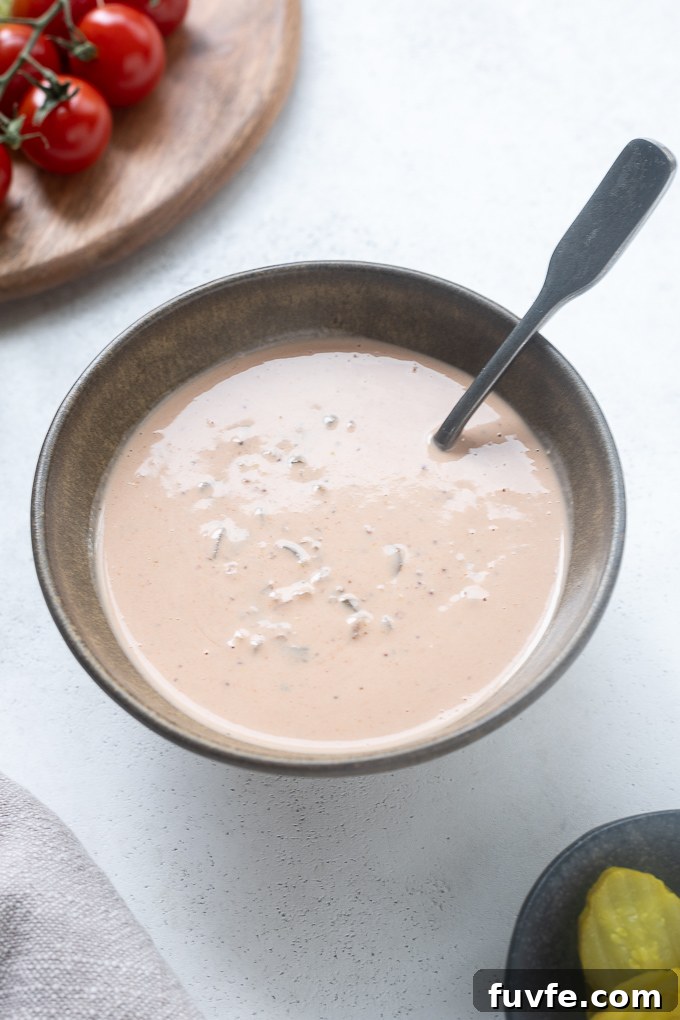 Creamy Tangy Burger Sauce Recipe for Juicy Burgers 6 Bowl of burger sauce with condiments around it