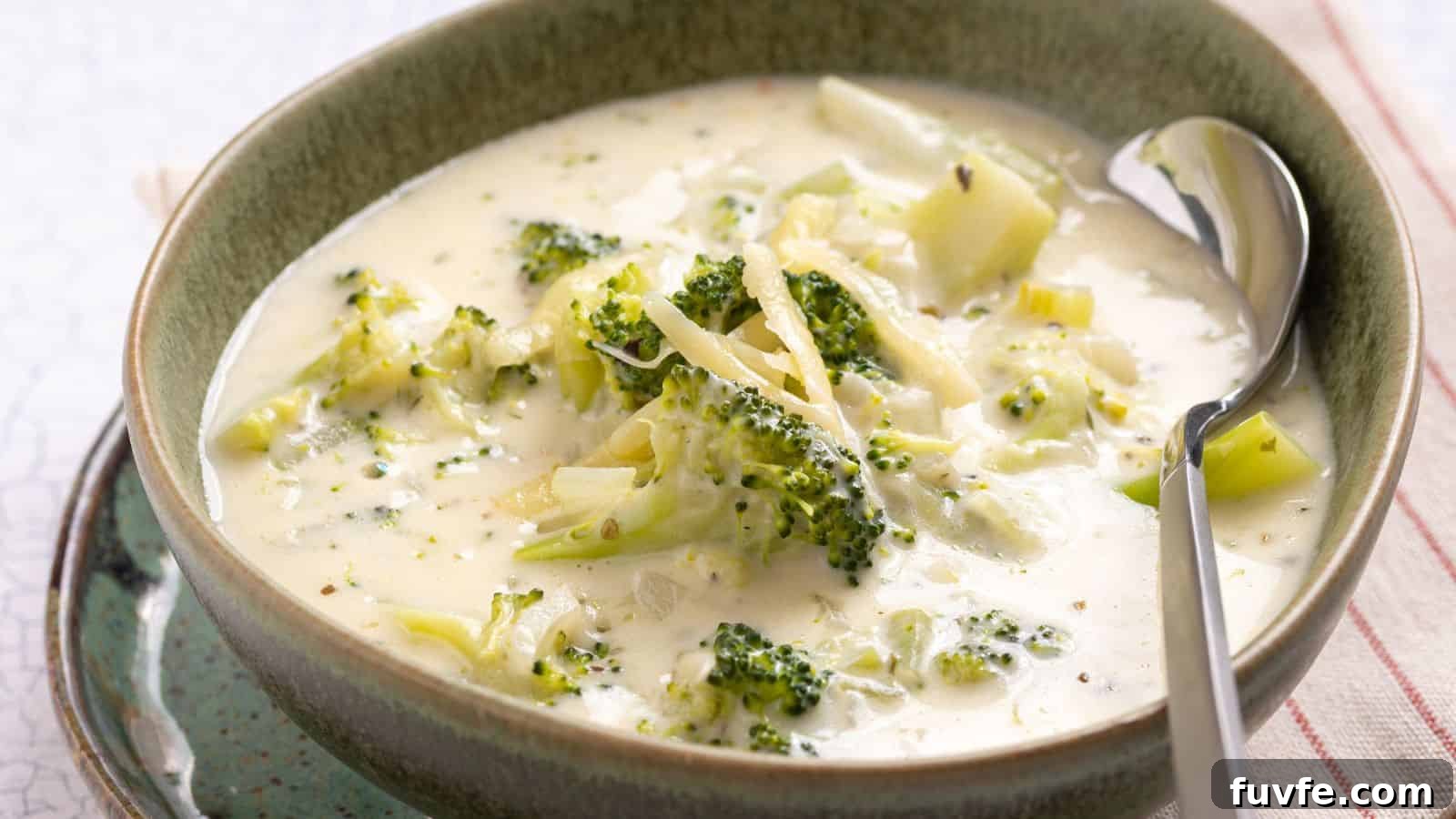 A bowl of creamy broccoli cheese soup beside fresh broccoli and shredded cheese, with a slow cooker in the background.