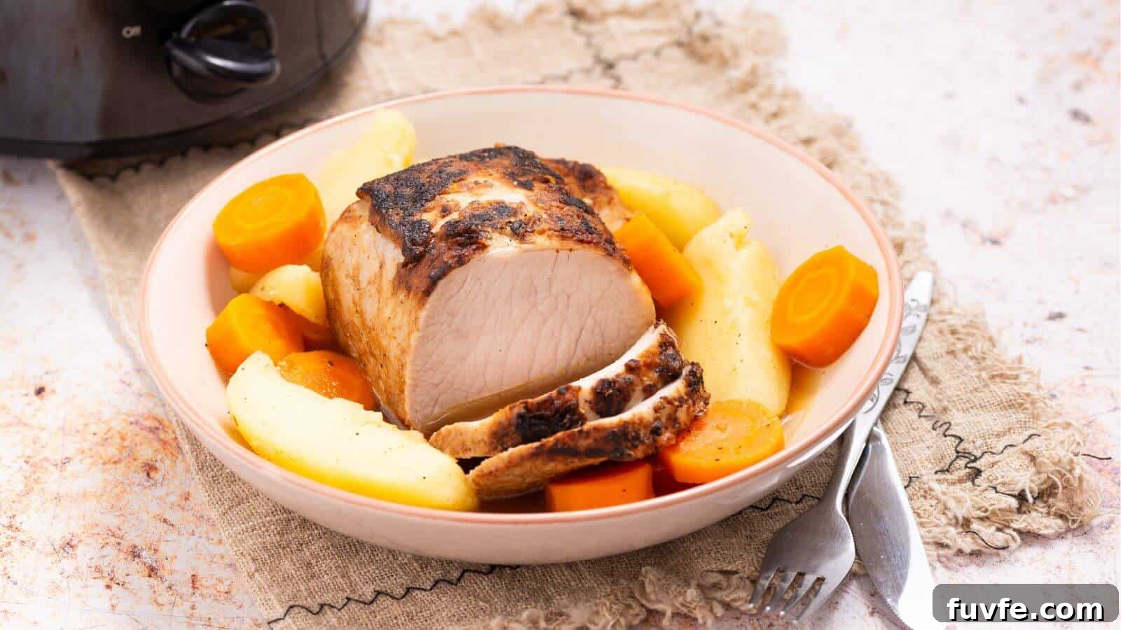 A plate with roasted pork, sliced carrots, and potatoes on a woven mat, with a fork and knife beside the dish. A slow cooker is partially visible in the background.
