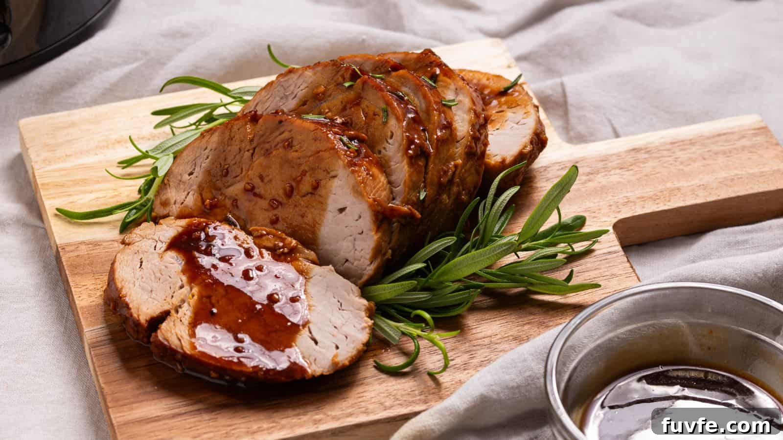 Pork tenderloin on a cutting board next to a slow cooker.