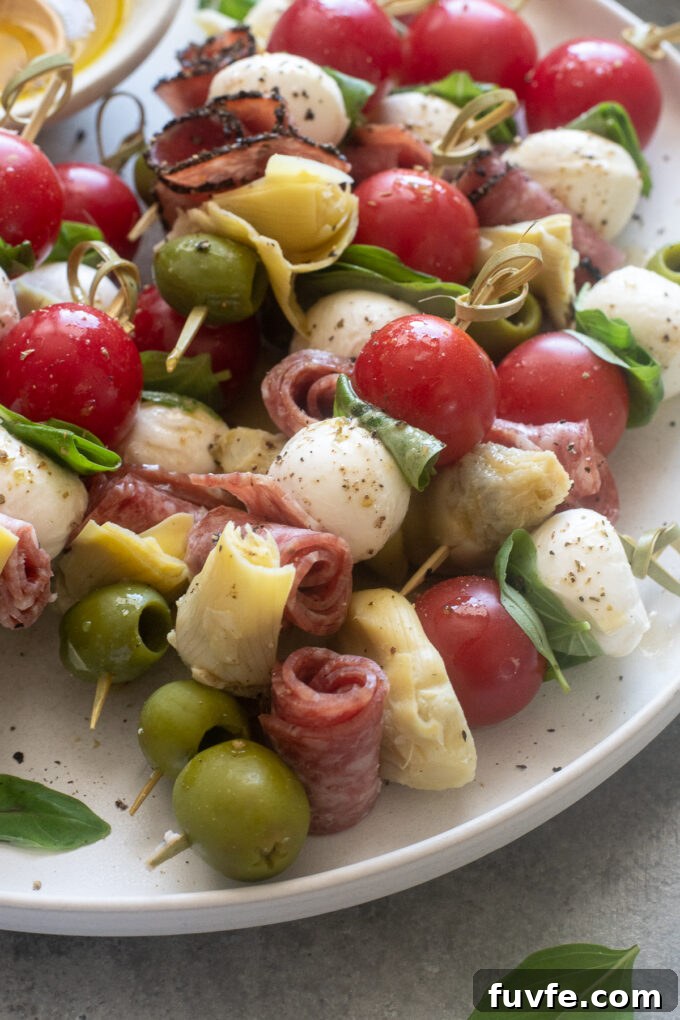 Mini Antipasto Skewers on a platter.