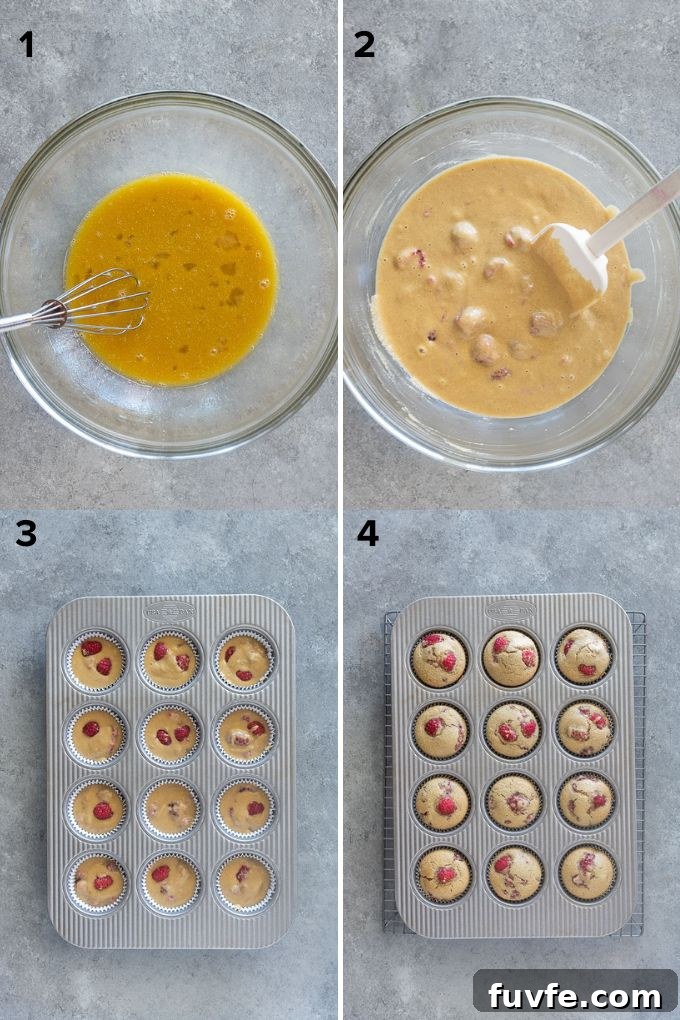 Photo collage showing how to make dairy free and gluten free raspberry muffins 