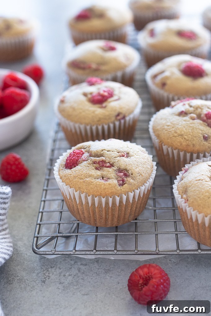 Gluten free raspberry muffins on a wire rack with a bowl of raspberries alongside