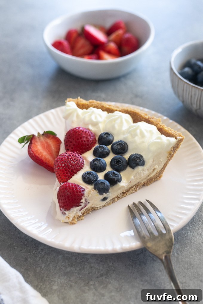 Slice of easy no bake cheesecake on a plate