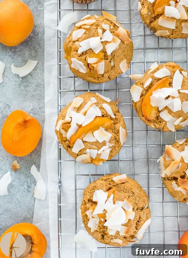 Fresh Apricot and Coconut Muffins Recipe 3 Apricot muffins with apricot and coconut on wire rack