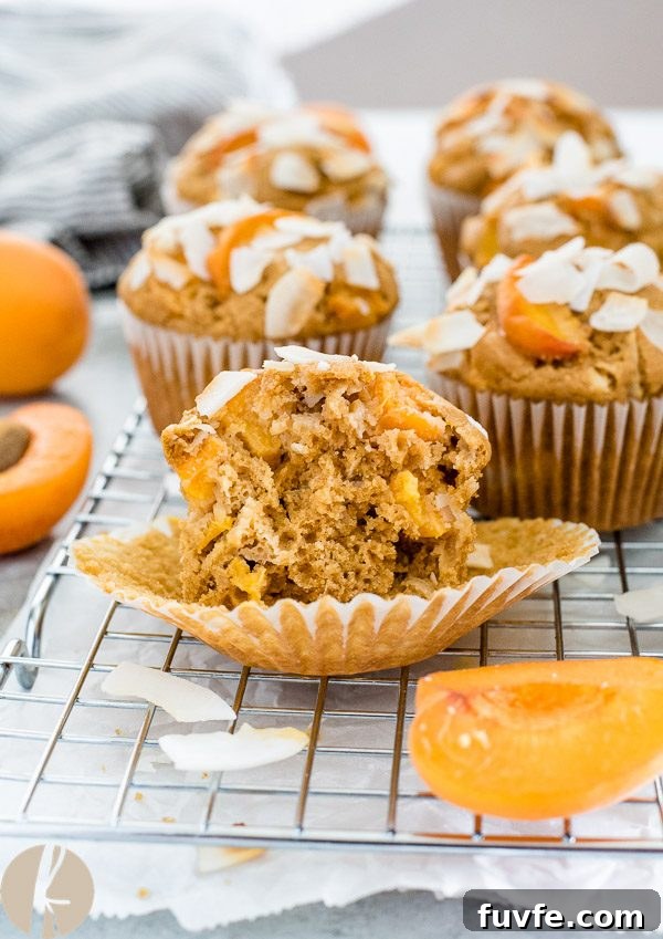Fresh Apricot and Coconut Muffins Recipe 6 Apricot muffin with liner peeled off and cut in half