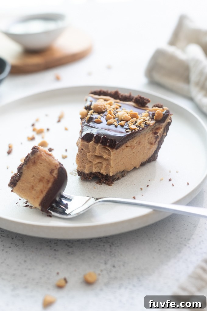 Slice of peanut butter pie with a bite taken out of it