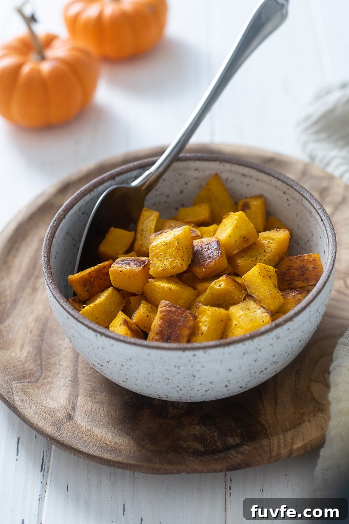 Roasted pumpkin cubes in a bowl
