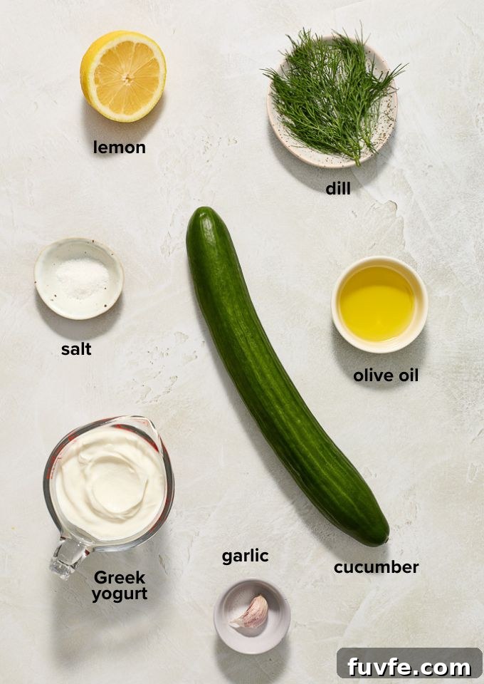 Authentic Greek Tzatziki: Creamy Cucumber-Yogurt Sauce 4 Greek tzatziki recipe ingredients.