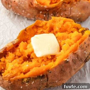 How to Bake Sweet Potatoes for Tender, Caramelized Flavor 8 Baked sweet potato with pat of butter