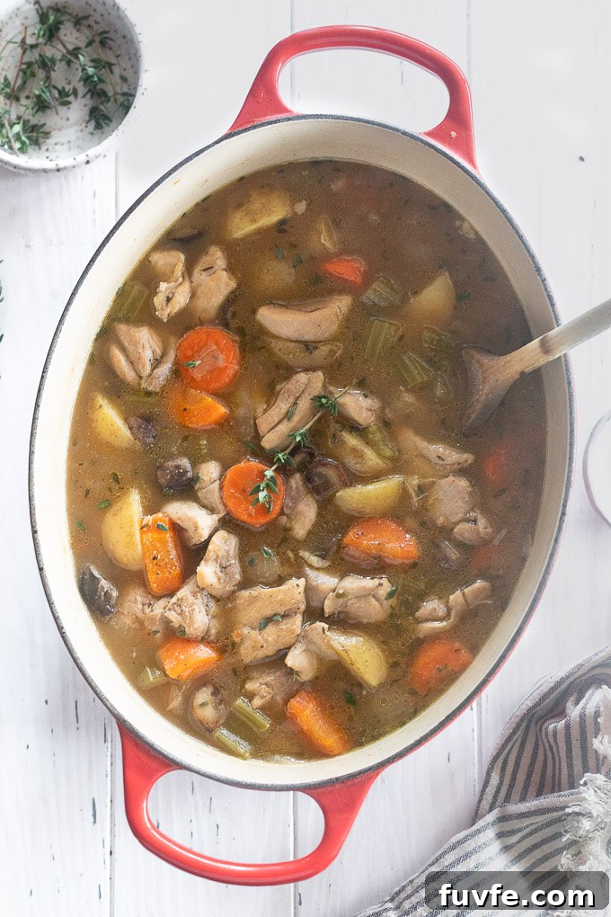 chicken stew in a dutch oven with a wooden spoon