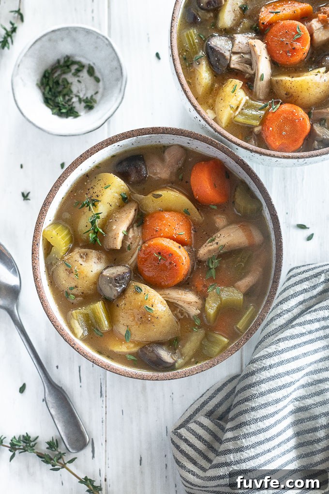 Easy chicken stew in a bowl with thyme