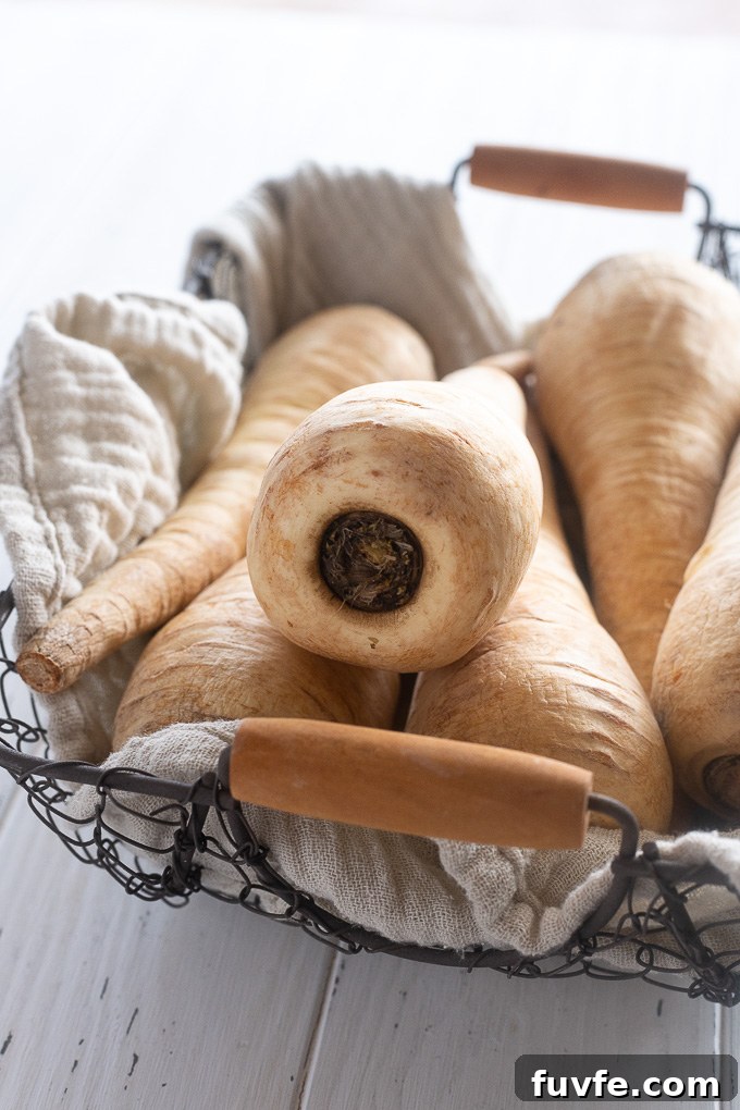 Parsnip Recipes: Cooking, Storage and Produce Guide 6 Parsnips in a wire basket lined with a linen