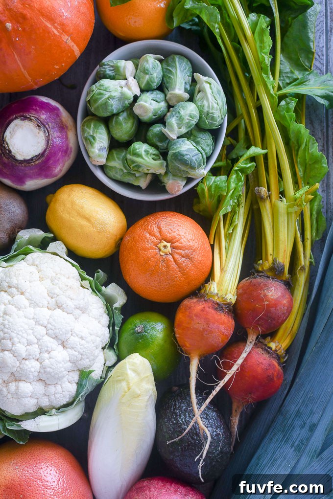 Winter vegetables and fruits including citrus, beets, cauliflower and more