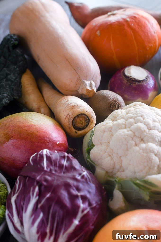 Winter produce including parsnips, butternut squash, mango and more