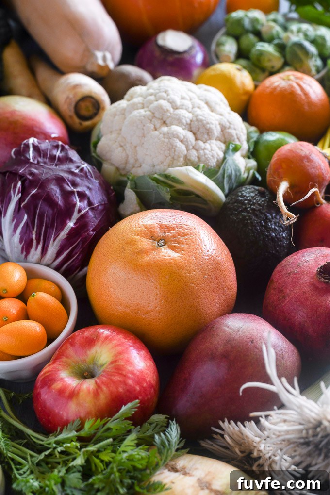 Winter produce featuring grapefruit, cauliflower, pomegranate, fennel and more
