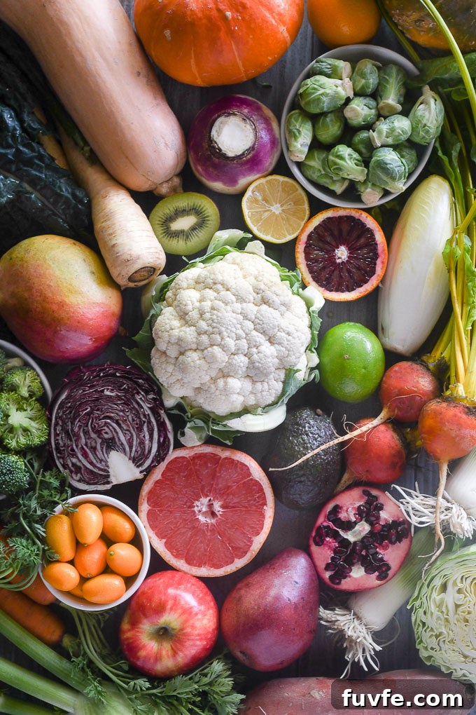 Array of winter vegetables and fruits