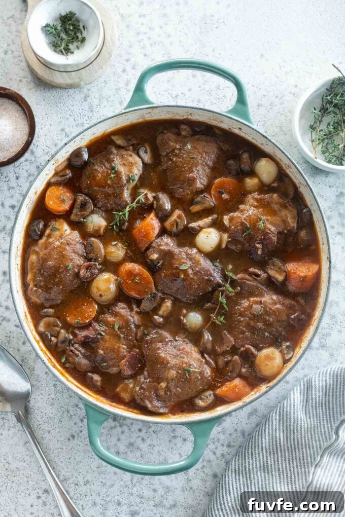 Classic Coq au Vin Recipe: French Red Wine Braised Chicken 2 Coq au vin in a Dutch oven