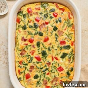 Bacon and egg casserole in baking dish.