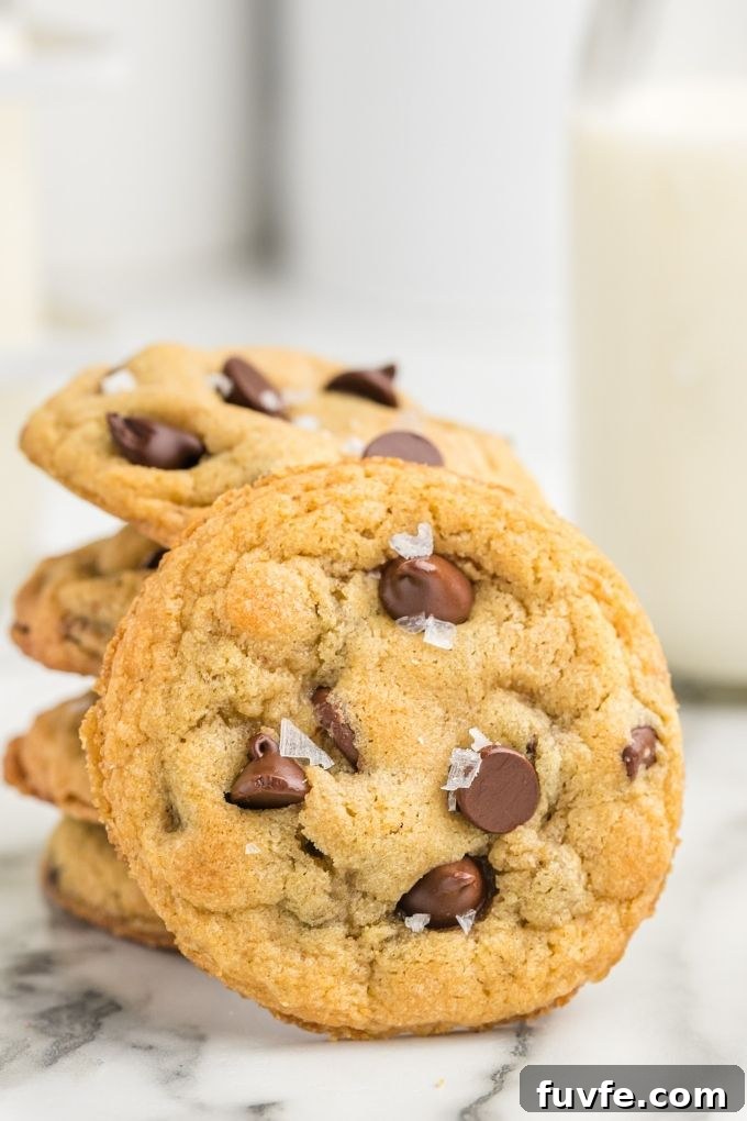 Stack of chocolate chip cookies with one cookie leaning against it