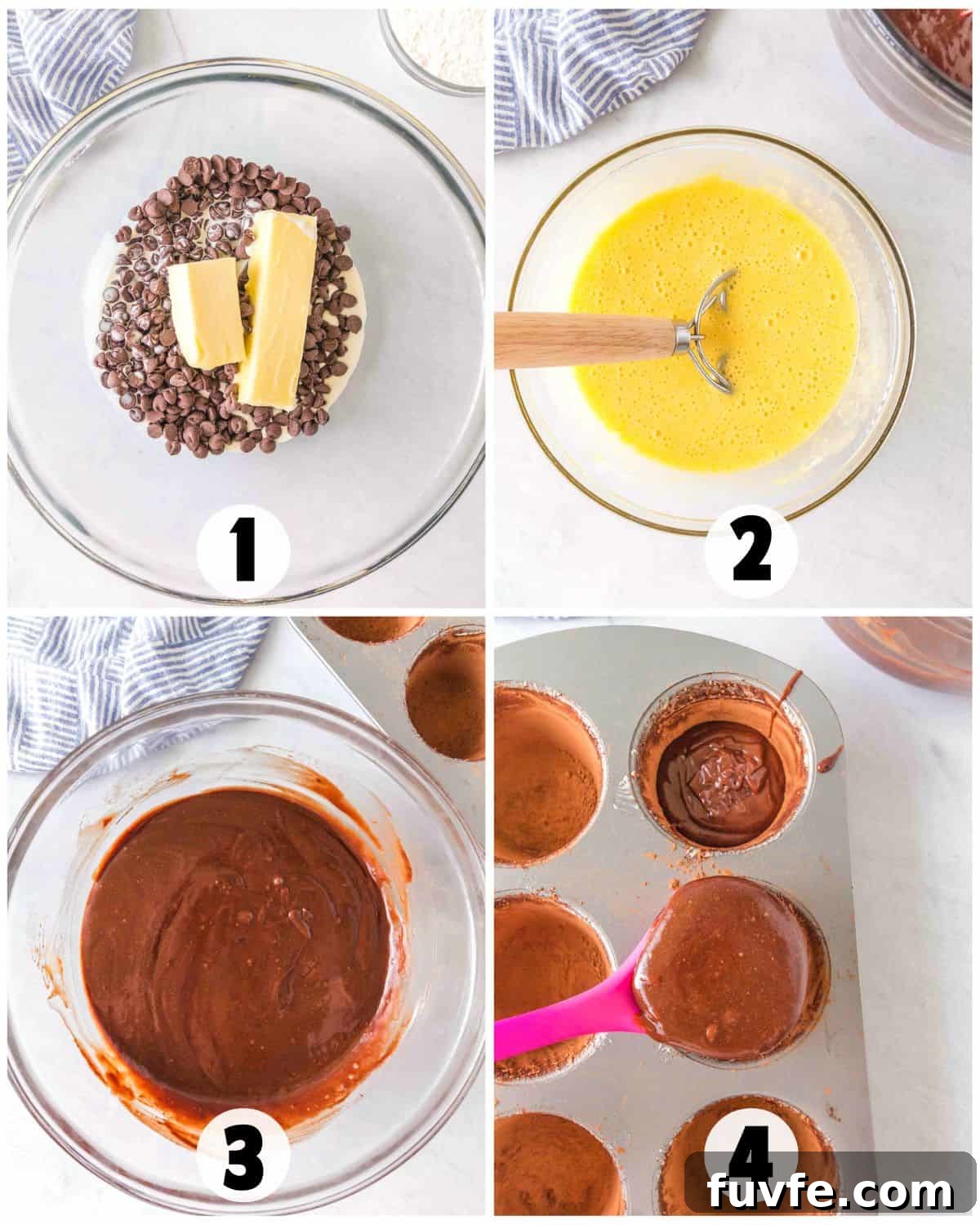Decadent Chocolate Molten Lava Cake Recipe for Home Bakers 4 Four-step collage showing: 1) butter and chocolate chips in a bowl, 2) whisked eggs in a bowl, 3) mixed Chocolate Lava Cake batter, and 4) batter being spooned into a muffin tin.