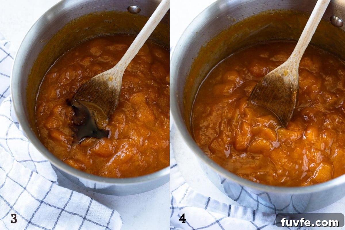 apricot jam collage before and after stirring in vanilla