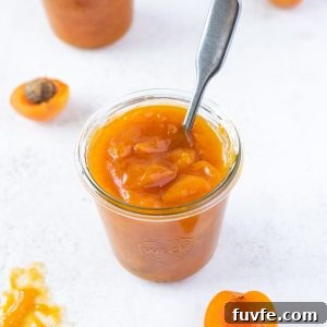 jar of apricot jam with spoon buried into the center