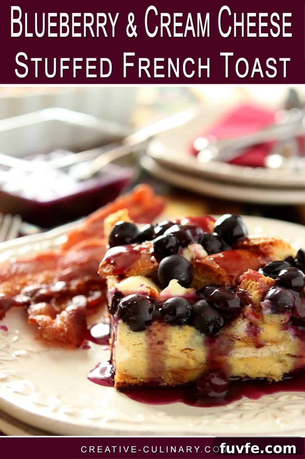 Pin for A French toast casserole is filled with chunks of blue cheese and lots of blueberries before baking. Great for a holiday breakfast, it's put together the night before.