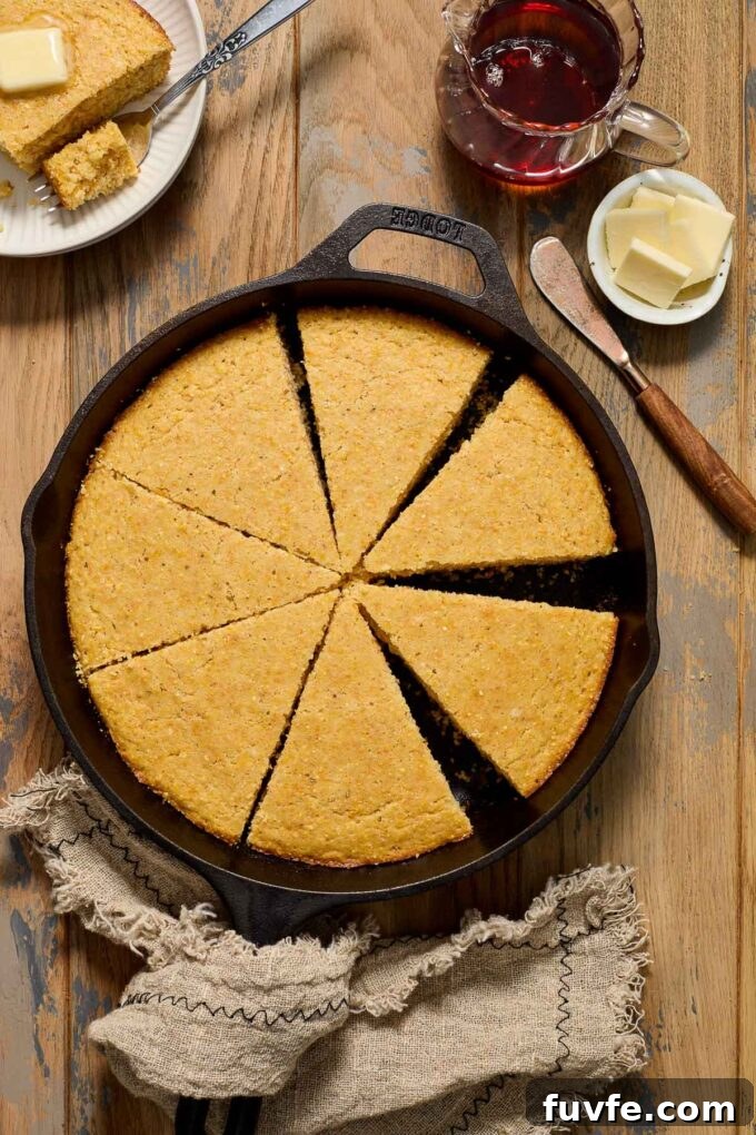 Cornbread in cast iron skillet cut into wedges.