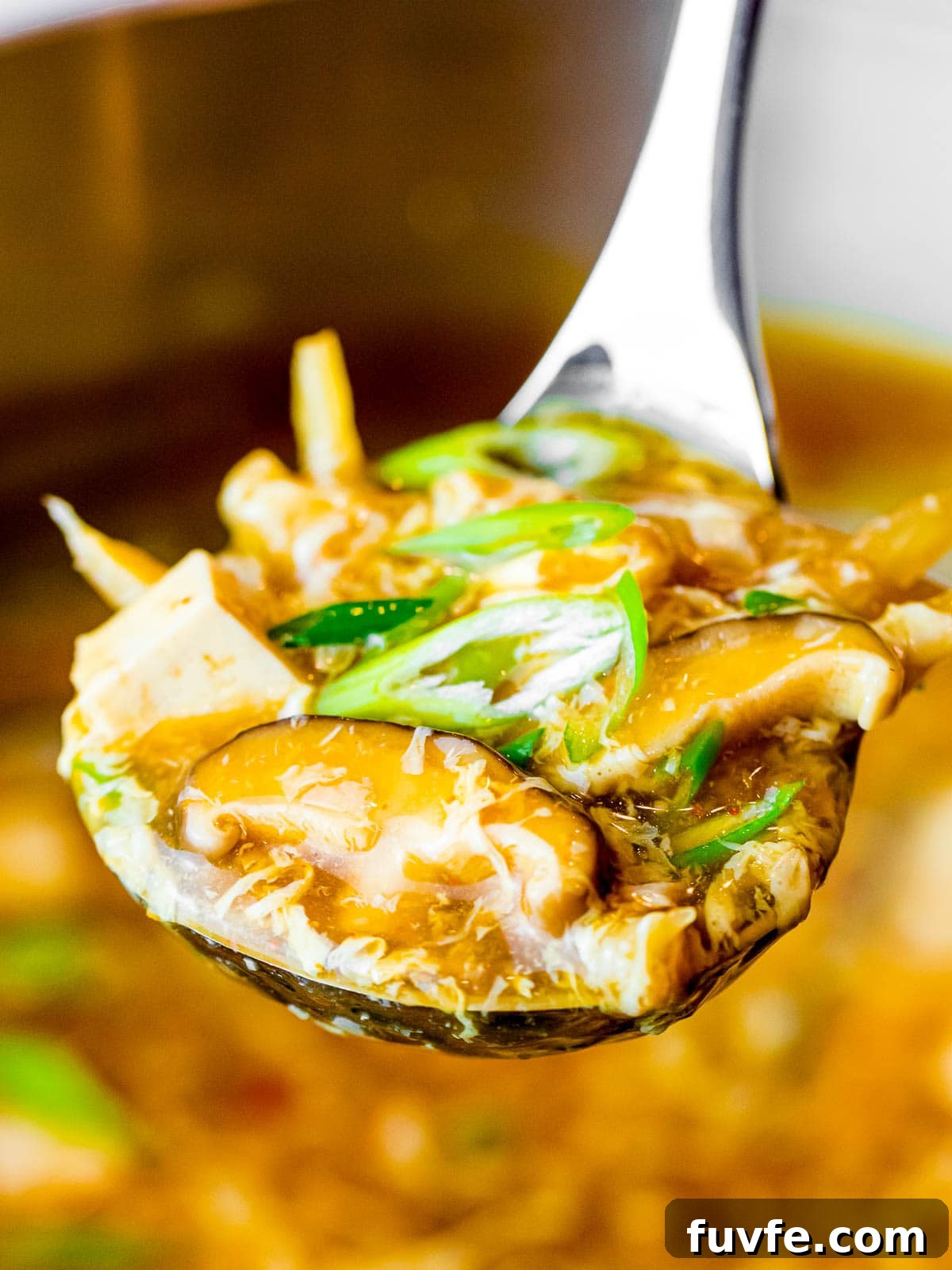 a ladle of vegetarian hot and sour soup with mushrooms, tofu, and scallions