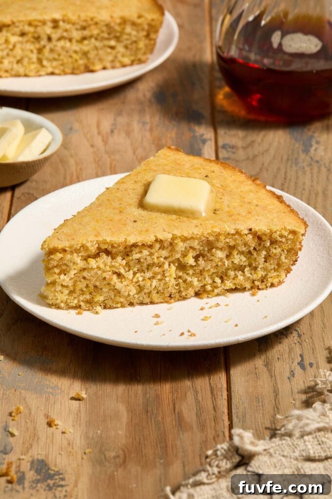 Homemade Skillet Cornbread Recipe 3 Wedge of cast iron skillet cornbread on a plate topped with butter.