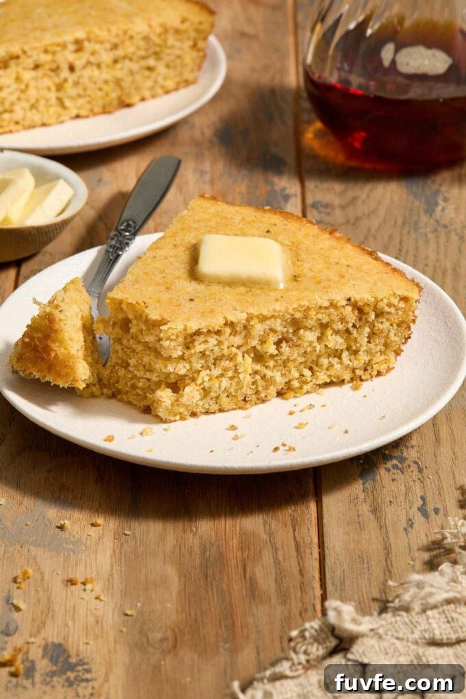 Homemade Skillet Cornbread Recipe 8 Wedge of skillet cornbread on a plate with a bite removed.