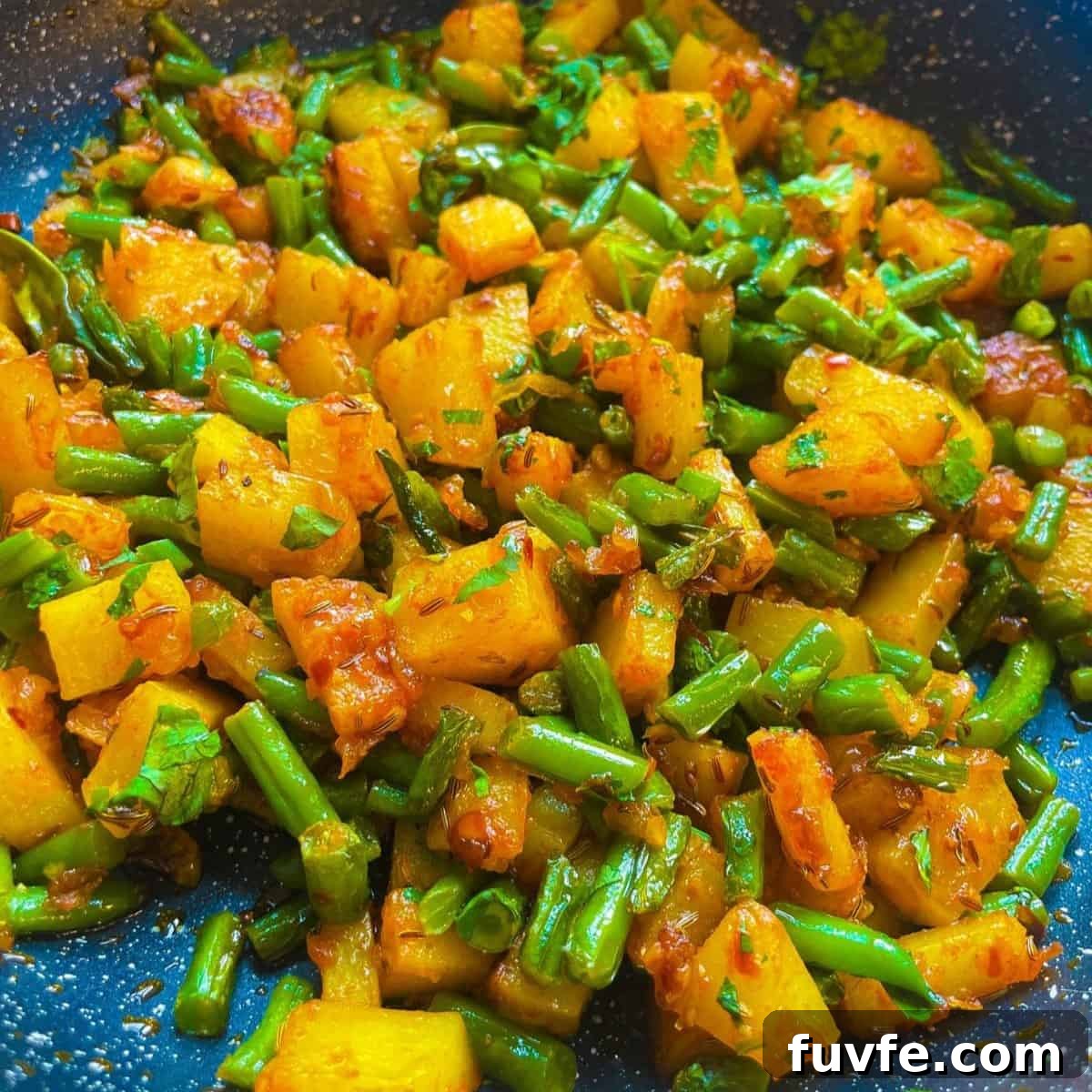 Close up of Green Bean and Potato Curry (Aloo Phali)