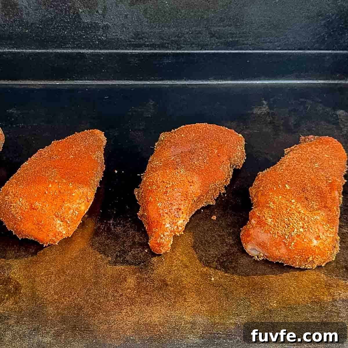 Seasoned chicken breasts on a hot grill.