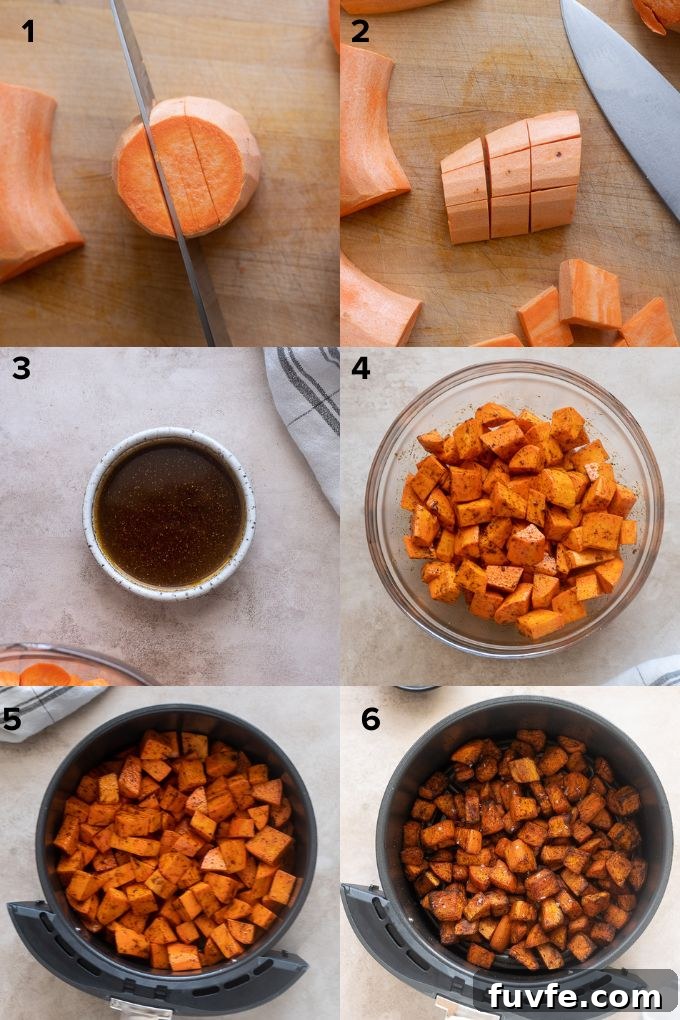 Crispy Air Fryer Sweet Potatoes 5 How to make roasted sweet potatoes in the air fryer.