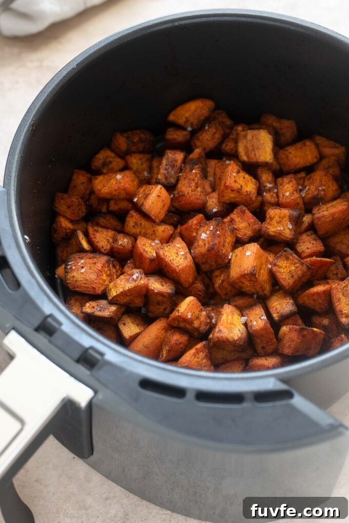 Crispy Air Fryer Sweet Potatoes 6 Roasted sweet potatoes in the air fryer.