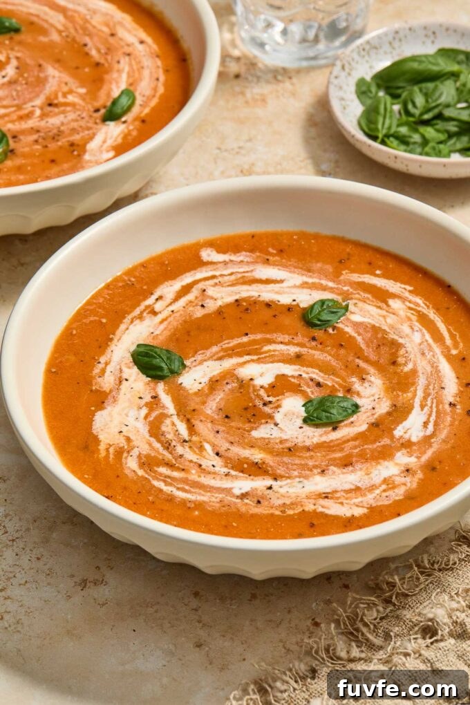 Creamy Roasted Tomato Soup Recipe with Basil 3 Roasted tomato and basil soup in a bowl.