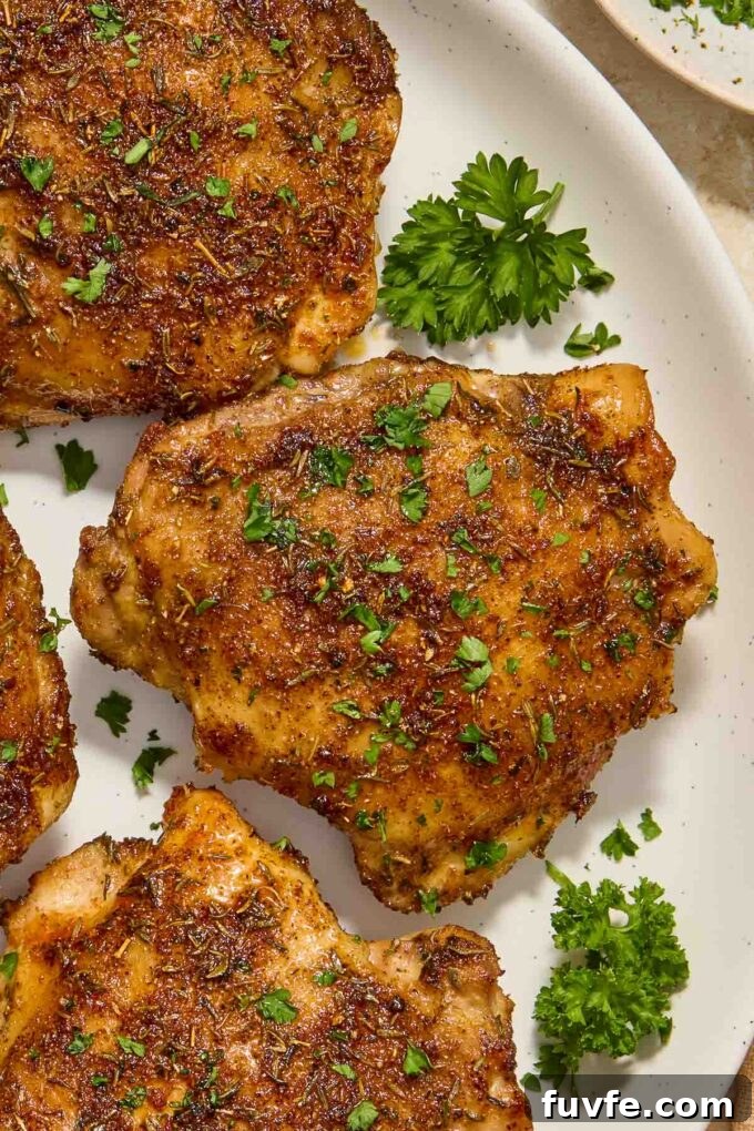 Crispy Air Fryer Chicken Thighs with Garlic and Herbs 6 Air Fryer chicken thighs on a serving platter.