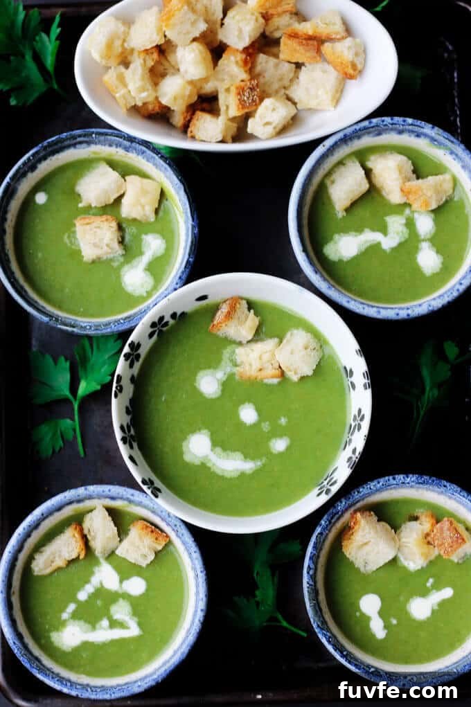 healthy creamy spinach soup in 5 bowls with croutons on a side and in the soups