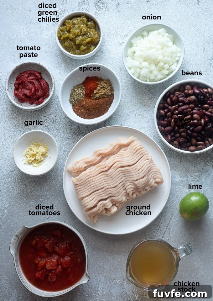 Ground chicken chili recipe ingredients.
