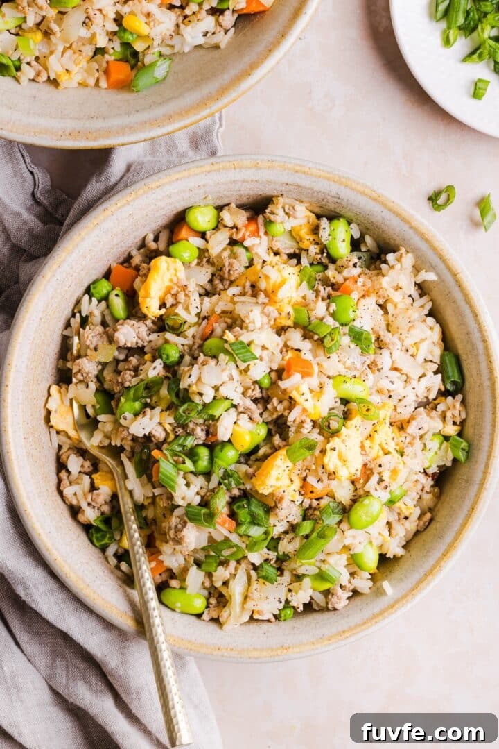 Savory Ground Turkey Fried Rice Recipe — Quick Weeknight Meal 2 Birdseye photo of a bowl with ground turkey fried rice, topped with sliced scallions