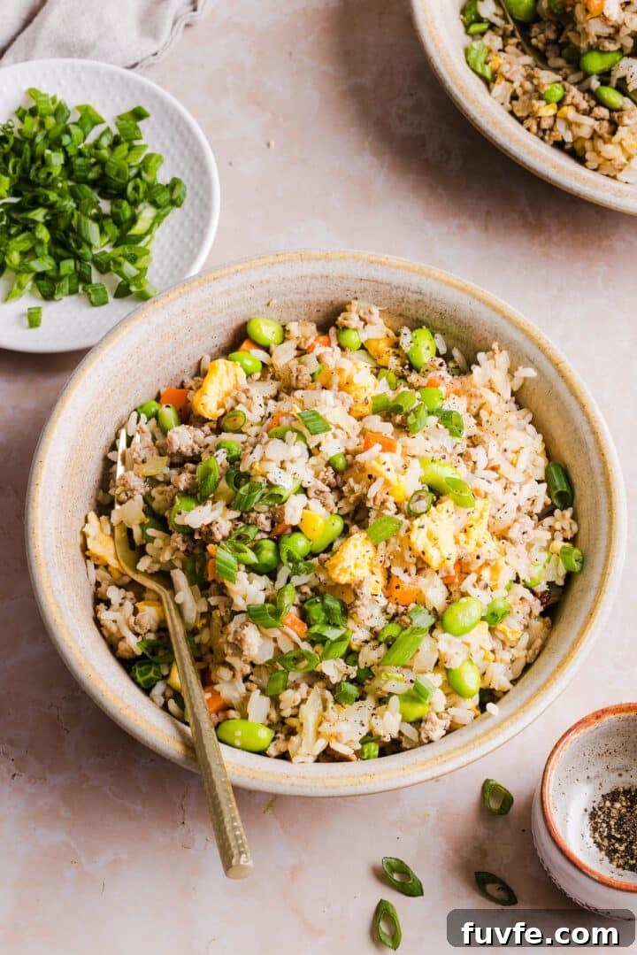Savory Ground Turkey Fried Rice Recipe — Quick Weeknight Meal 12 Ground turkey fried rice displayed in a small bowl with sliced scallions