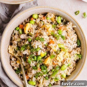 Savory Ground Turkey Fried Rice Recipe — Quick Weeknight Meal 13 Birdseye photo of a bowl with ground turkey fried rice, topped with sliced scallions