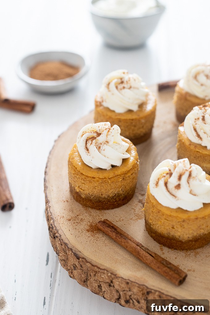 Mini Pumpkin Cheesecakes: Bite-Sized Fall Dessert Recipe 3 Mini pumpkin cheesecakes on a serving tray with cinnamon sticks